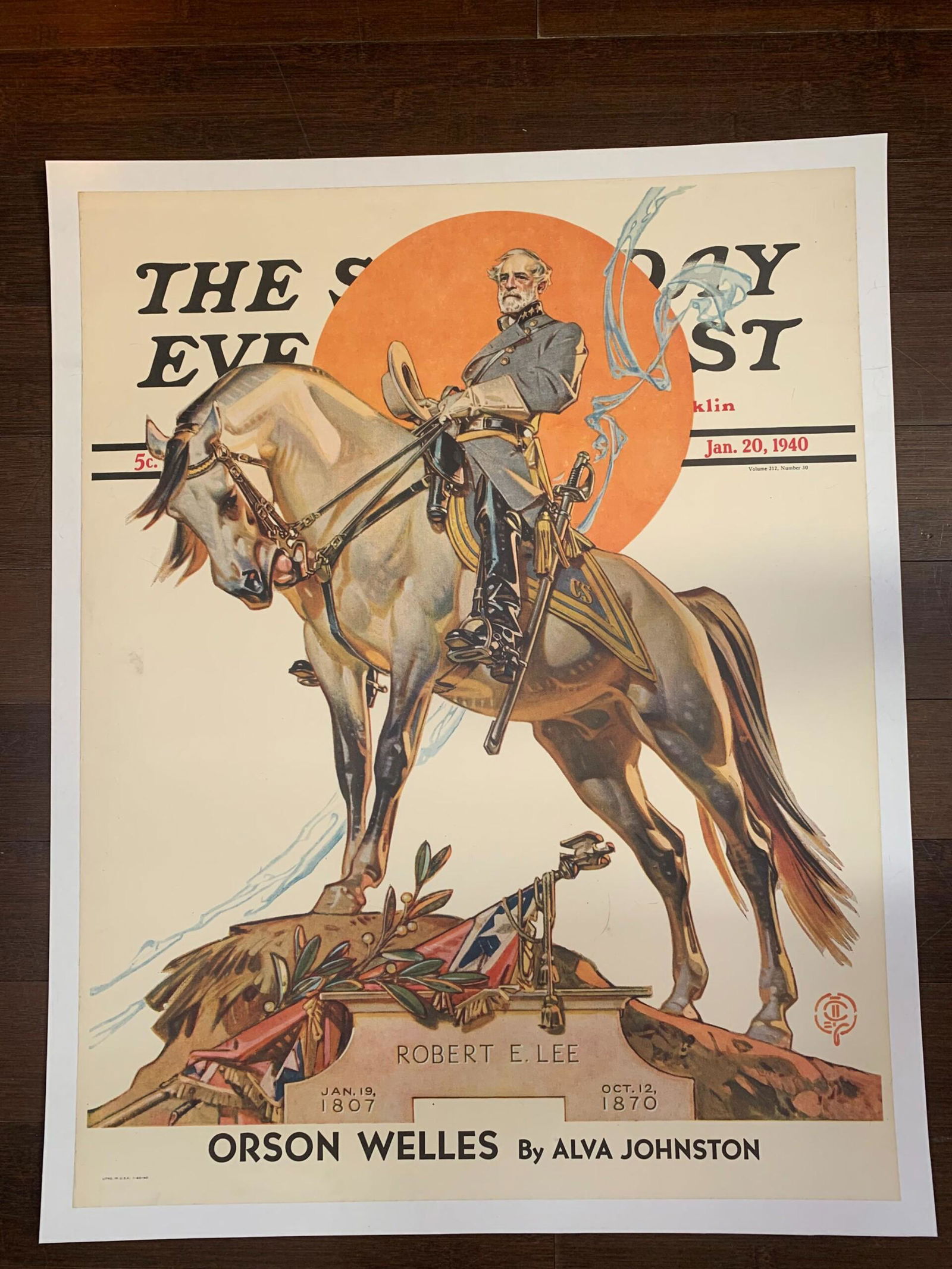 Saturday Evening Post - Robert E. Lee - Leyendecker (02/20/40) 22" x 28" US Newstand Poster LB: Saturday Evening Post - Robert E. Lee - Leyendecker (02/20/40) 22" x 28" US Newstand Poster LB Condition: EXC Reserve: $1,275.00 Shipping: Domestic: Flat-rate of $28.00 to anywhere within the contiguo