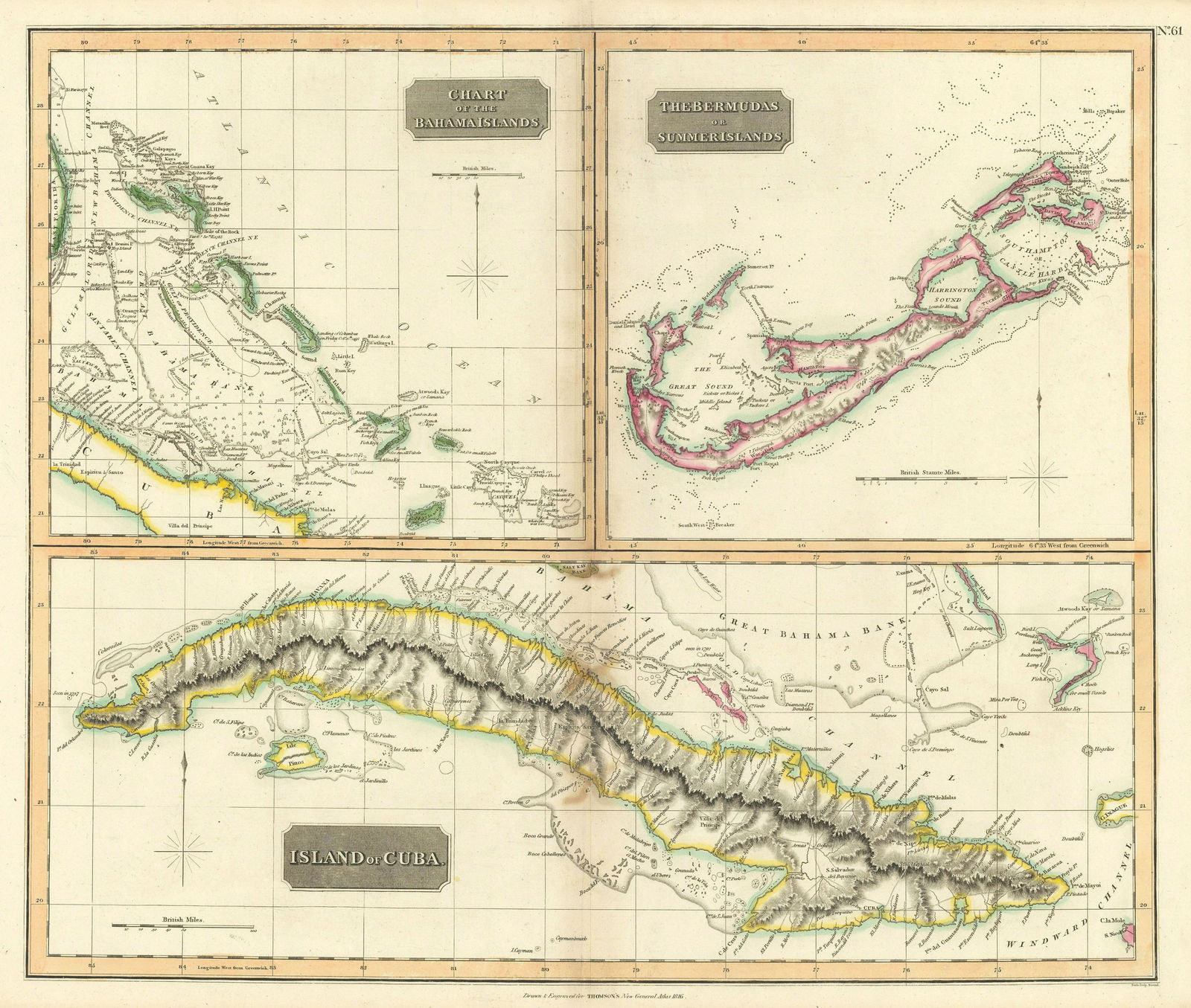 Cuba, the Bahamas & Bermuda "or Summer Islands". THOMSON 1817 old antique map: Chart of the Bahama Islands. The Bermudas or Summer Islands. Island of Cuba' by Drawn & engraved by Samuel John Neele for John Thomson's "New General Atlas" (Published in 1817. Engraved in 1816; this