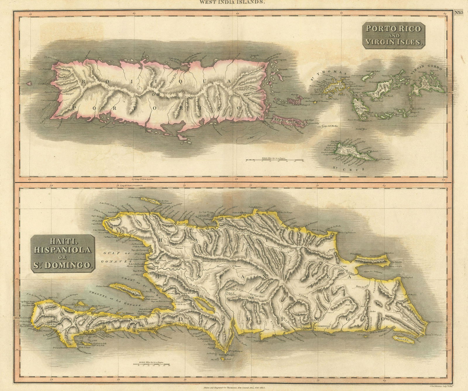 Puerto Rico & Virgin Islands. Haiti, Hispaniola or St. Domingo. THOMSON 1817 map: Porto Rico and Virgin Isles. Haiti, Hispaniola or St. Domingo' by Drawn & engraved by John & George Menzies for John Thomson's "New General Atlas" (Published in 1817. Engraved in February 1815; this d