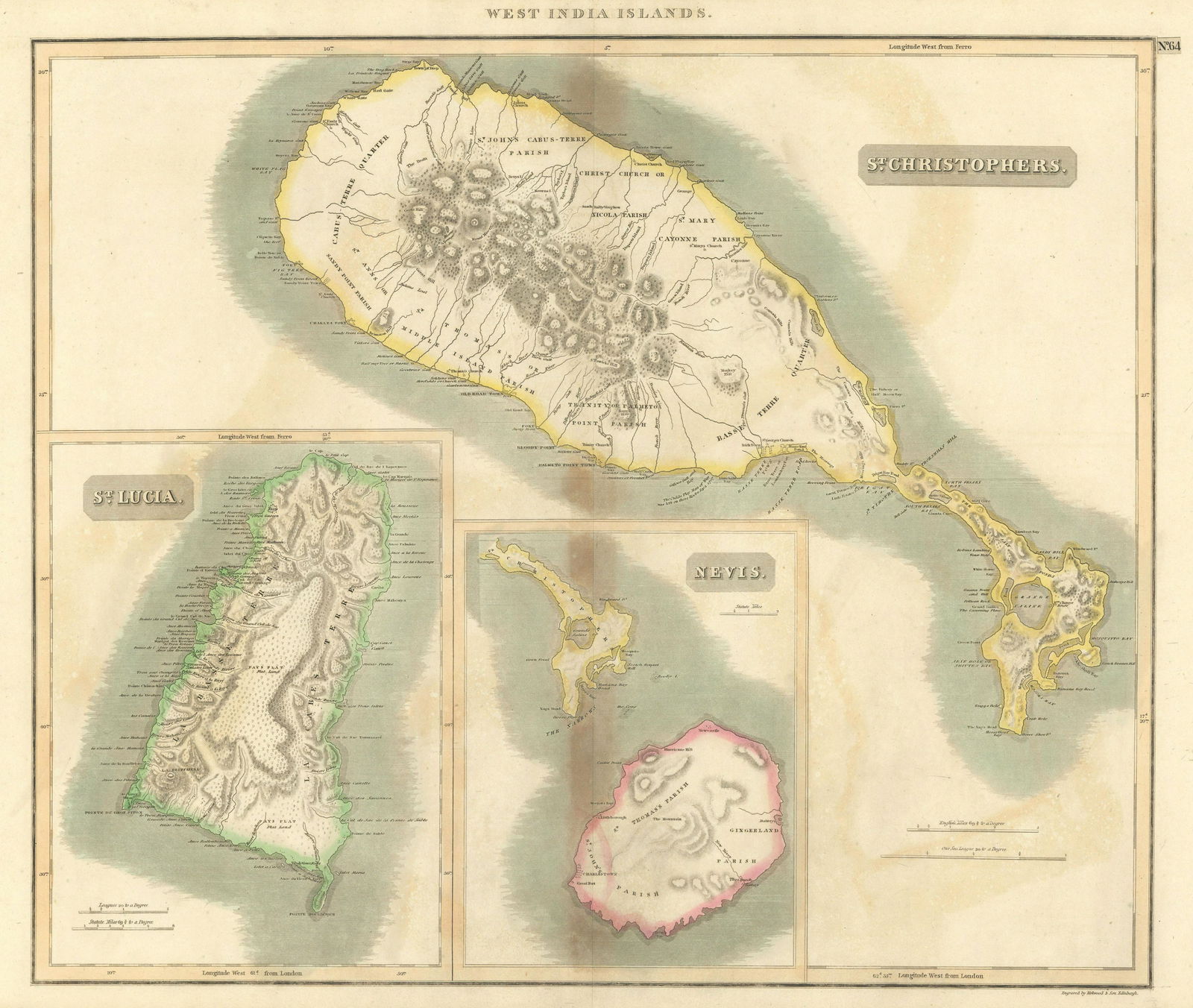 St Christophers, Nevis & St Lucia. St Kitts. West Indies. THOMSON 1817 old map: St Christophers. Nevis. St Lucia' by Drawn & engraved by James Kirkwood & Son for John Thomson's "New General Atlas" (Published in 1817). Antique early 19th century atlas map with original hand colour