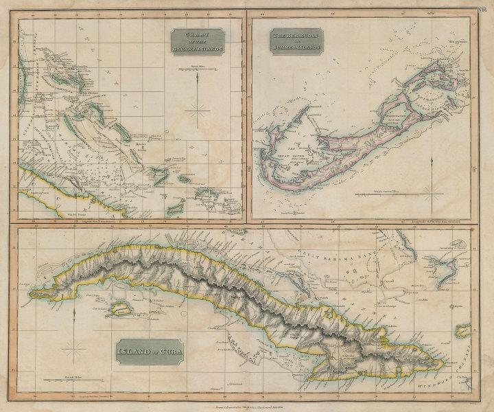 The Bahamas, Cuba & Bermuda "or Summer Islands". THOMSON 1817 old antique map: Chart of the Bahama Islands. The Bermudas or Summer Islands. Island of Cuba' by Drawn & engraved by Samuel John Neele for John Thomson's "New General Atlas" (Published in 1817. Engraved in 1816; this
