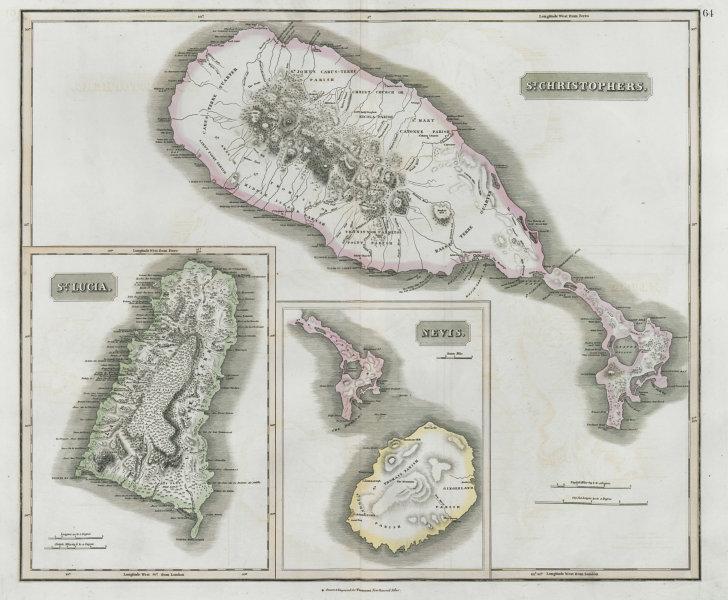 St Christophers, Nevis & St Lucia. St Kitts. West Indies. THOMSON 1830 old map: St Christophers // Nevis // St Lucia' by Drawn & engraved by James Kirkwood & Son for John Thomson's "New General Atlas" (1830). Antique early 19th century atlas map with original hand colouring, 52.5