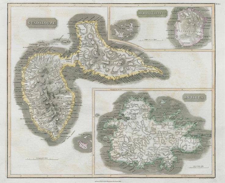 Antigua, Guadeloupe & Marie-Galante. West Indies Caribbean. THOMSON 1830 map: Antigua // Guadaloupe // Mariegalante &c' by Drawn & engraved by James Kirkwood & Son for John Thomson's "New General Atlas" (1830). Antique early 19th century atlas map with original hand colouring,