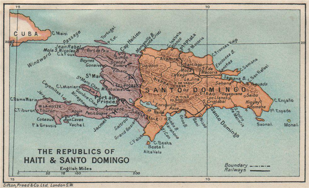 HISPANIOLA. Haiti & Santo Domingo (Dominican Republic) Vintage map 1927: The republics of Haiti & Santo Domingo' by Sifton, Praed & Co. Ltd, St. James's St. London S.W. (1927). Vintage colour map, 8.5 x 14.0cm, 3.25 x 5.5 inches Additional Information: TITLE/CONTENT OF MAP