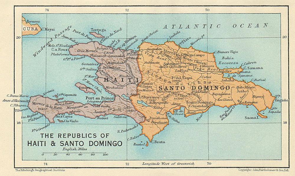 HISPANIOLA. Haiti & Santo Domingo (Dominican Republic) Vintage map 1931: The Republics of Haiti & Santo Domingo' by John Bartholomew & Son (1931). Vintage colour map, 9.0 x 15.0cm, 3.5 x 6 inches Additional Information: TITLE/CONTENT OF MAP: 'The Republics of Haiti & Santo