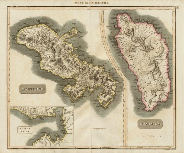 Dominica & "Martinico" (Martinique). Fort-de-France bay. THOMSON 1817 old map: Dominica. Martinico. Cul de Sac Royal' by Drawn & engraved by James Kirkwood & Son for John Thomson's "New General Atlas" (Published in 1817). Antique early 19th century atlas map with original hand c
