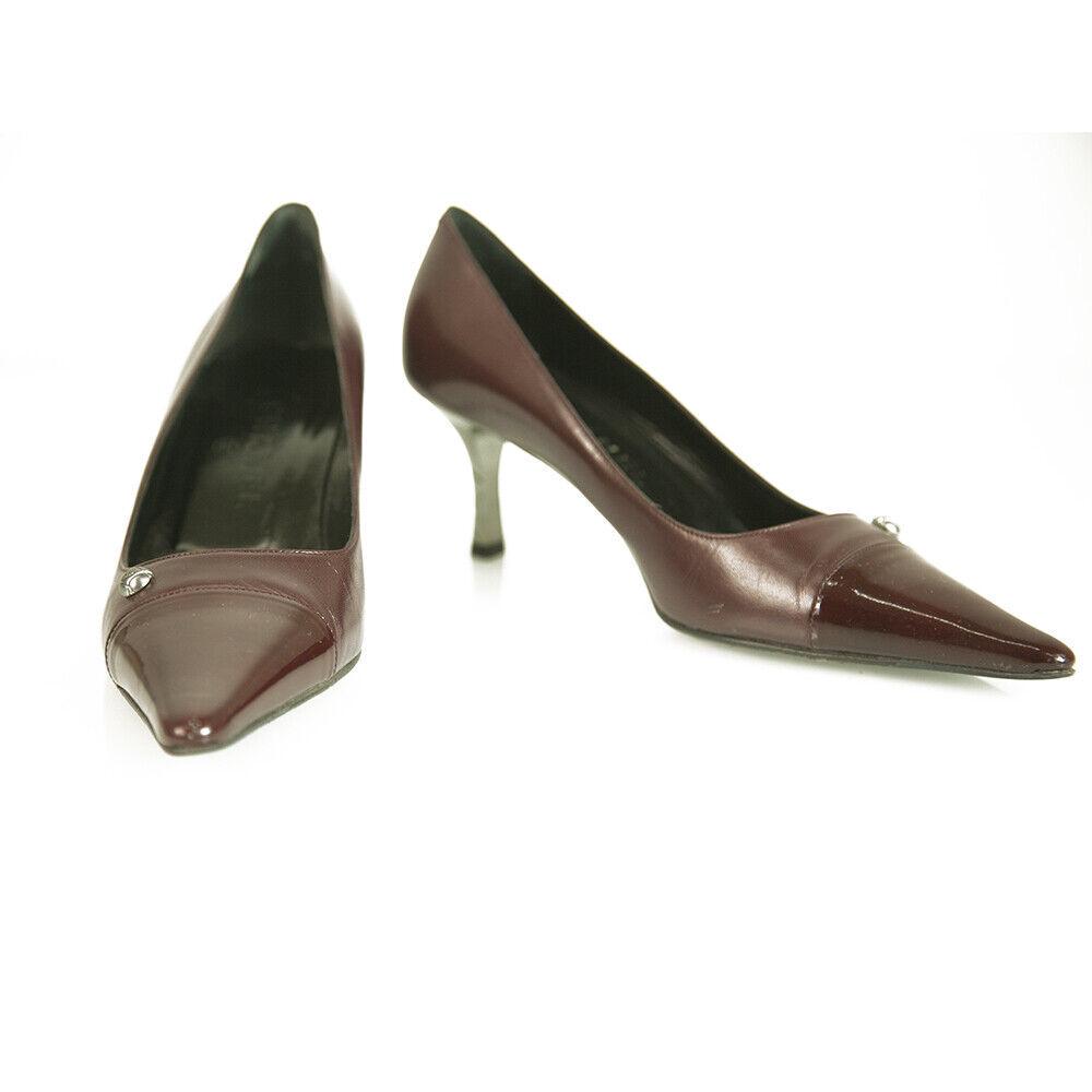 CHANEL Burgundy Leather with Patent Leather Cap Toe Pumps Shoes Heel Pointy 38 (1 of 7)