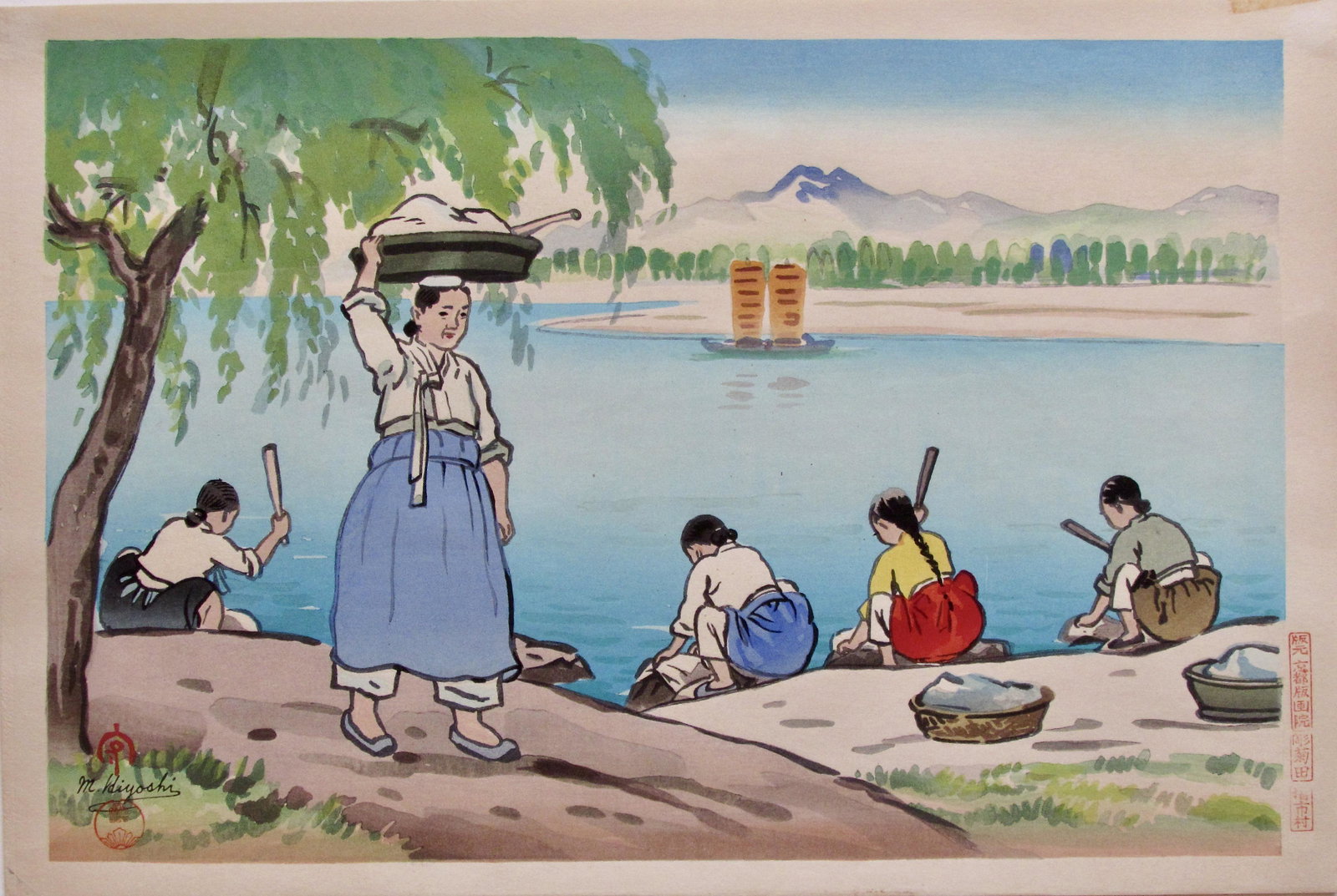 Hiyashi Mamoru: Washing Clothes: Artist: Hiyashi MAMORU (1885-?, active in 1950s) Subject: Women Washing Clothes in a River Series: Korean Life Publisher: Kyoto Hanga-In Signature: M. Hiyashi with seal 'Mamoru' Date: c. 1950s Format: