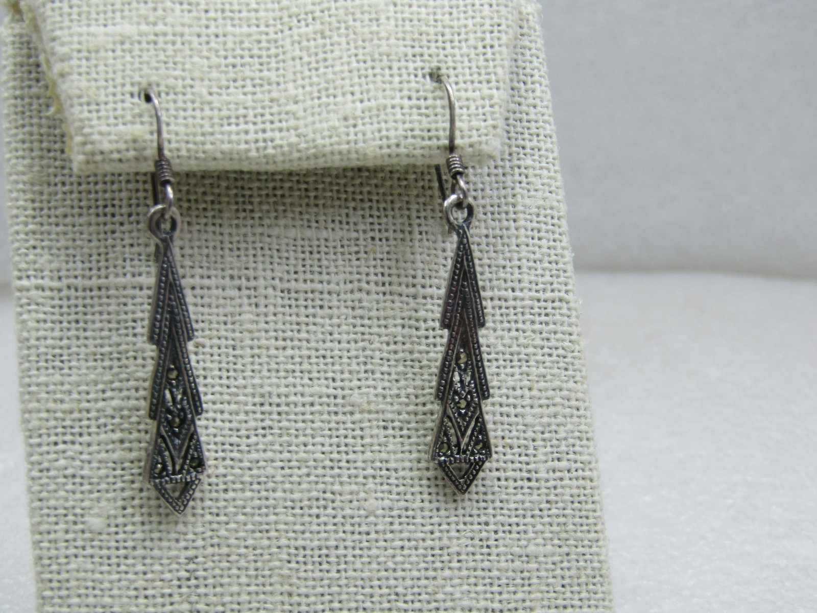 Vintage Sterling Marcasite Drop Earrings, 1.75", Signed: Vintage Sterling Marcasite Drop Earrings, 1.75" tall and .25 wide. Signed HAN, marked sterling and tested and weight is appx. 3.20 gr. They are a tapered design, thinner at top and widen to appx. 1/4"