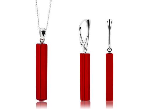 Red Amber Bar Earrings & Pendat Silver Jewelry Set for Women, Minimal Modern Design Dangle Earrings, (1 of 5)