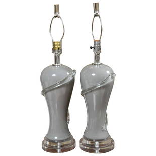 Pair of Deco Style Gray Glass Table Lamps with Lucite Bases: Pair of gray glass table lamps with Lucite bases. Modern design with a great neutral palette to compliment any design theme. Very nice decorative pair of Art Deco style table lamps with Lucite bases