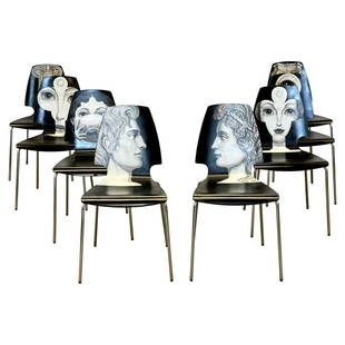 Eight Mid-Century Modern Piero Fornasetti Style Dining / Side Chairs, Italy: Eight Mid-Century Modern Piero Fornasetti Style dining / side chairs, Italy Set of 8 finely detailed, hand painted, mid-century dining or side chairs. Each chair depicts a different face of a man or