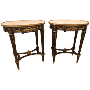 Louis XVI Style Bronze Framed Marble-Top End Lamp Tables with Bronze Mounts Pair: Pair of Louis XVI style doré bronze framed marble-top end or lamp tables with bronze mounts. The white carrara marble top with grey veins supported by a set of tapering bronze fluted square legs