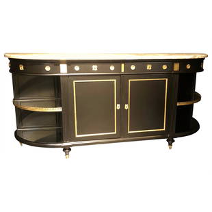 Jansen Hollywood Regency Sideboard, Console, Ebony w Marble Top and Bronze Deco: Monumental Hollywood Regency sideboard, console in the manner of Maison Jansen. This fully refinished sideboard is impressive in size and most assuredly quality. The ebony flat finish is simply