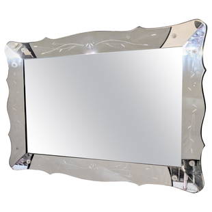 Art Deco Styled over the Mantle or Wall Mirror, Shadowbox Frame: Art Deco styled over the mantel (fireplace) or wall or console mirror. This large and impressive shadowbox frame mirror with etched panels is simply stunning with its curved etched glass sides. This