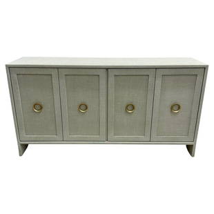 Modern White Custom Four Door Linen Wrapped Sideboard / Credenza, Brass: Modern white custom four door linen wrapped sideboard / credenza, brass Contemporary decorative cabinet hand wrapped in linen and given a multi-layered paint glaze in a neutral oyster color. Having