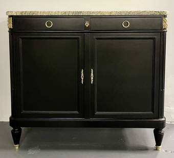 Hollywood Regency Style Commode, Chest, or High Board, Louis XVI, Bronze, French: Hollywood Regency Style Commode, Chest, or High Board, Louis XVI, Bronze, French. 19th Century Louis XVI commode fully refinished in a premium black satin finished with newly cleaned original