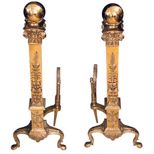 Fine Pair of Large and Impressive Louis XVI Style Brass and Irons: A fine pair of large and impressive brass and irons in the Louis XVI style. These fine and solid andirons are simply stunning with wreath and vine decorations terminating in a large ball on top of a