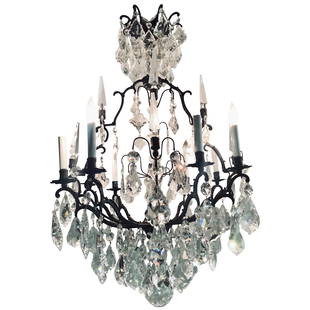 Versailles Chandelier with Swarovski Strass and Crystal Pendants: Versailles chandelier with Swarovski Strass and crystal pendants having a dark brownish almost black iron frame. Recently rewired. Ready to hang in your home or office. Dimensions: Height: 43 in