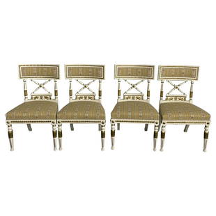 Set of 4 Neoclassical Gustavian Style Chairs, Parcel Gilt & Painted, Sphinx Ca: Set of 4 carved side chairs, desk chairs, office chairs. Finely detailed set of Neoclassical Gustavian Chairs each in a nice scalamandre fabric having winged sphinxes on the back rest. Can purchase