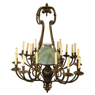 Georgian Style Chandelier with a Globe Centre Matching Chain and Canopy: An early 1900s Georgian style chandelier with a globe centre matching chain and canopy. A wonderful bronze form twenty one light chandelier having four arms sets of five lights each with a centre