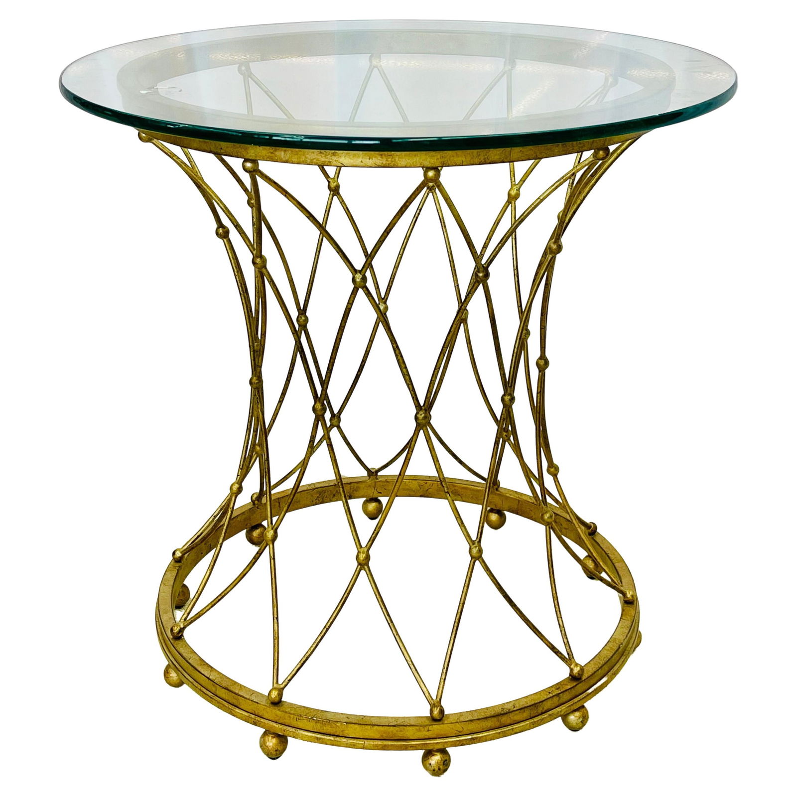 Neoclassical, Maison Jansen Style Round Gilt Metal Coffee Table, Side Table: Neoclassical, Maison Jansen style round gilt metal coffee table, side table Decorative coffee or side table have an eccentric basket type metal base. Similar to: Maison Jansen (Designer) Dimensions: H