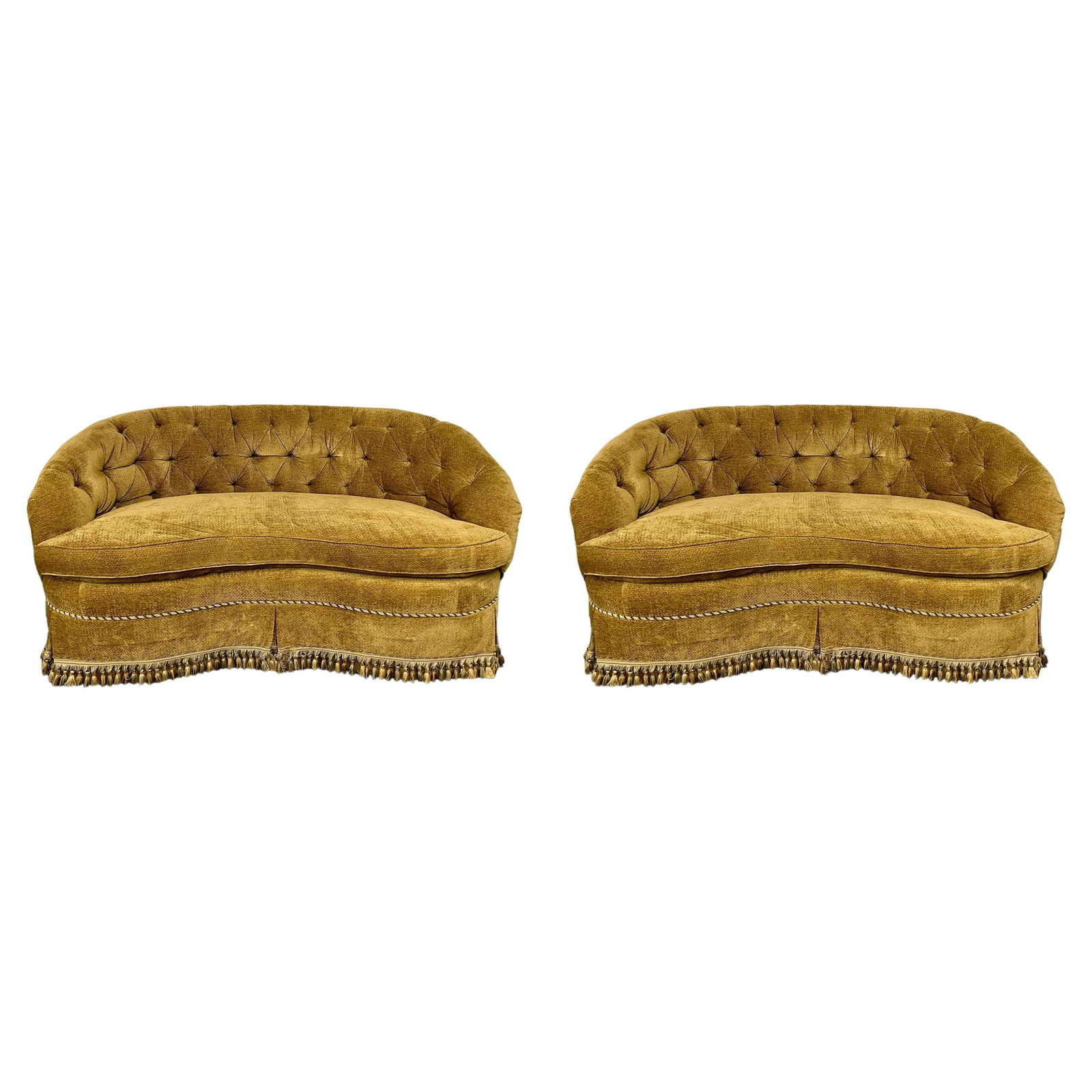 Pair Custom Chesterfield Tufted Loveseats, Settees, Couches, Velour, Georgian: Pair custom chesterfield tufted loveseats, settees, couches, velour. A fine custom quality pair of Georgian styled Chesterfields. Each sitting on five straight legs hidden under an apron of multi colo