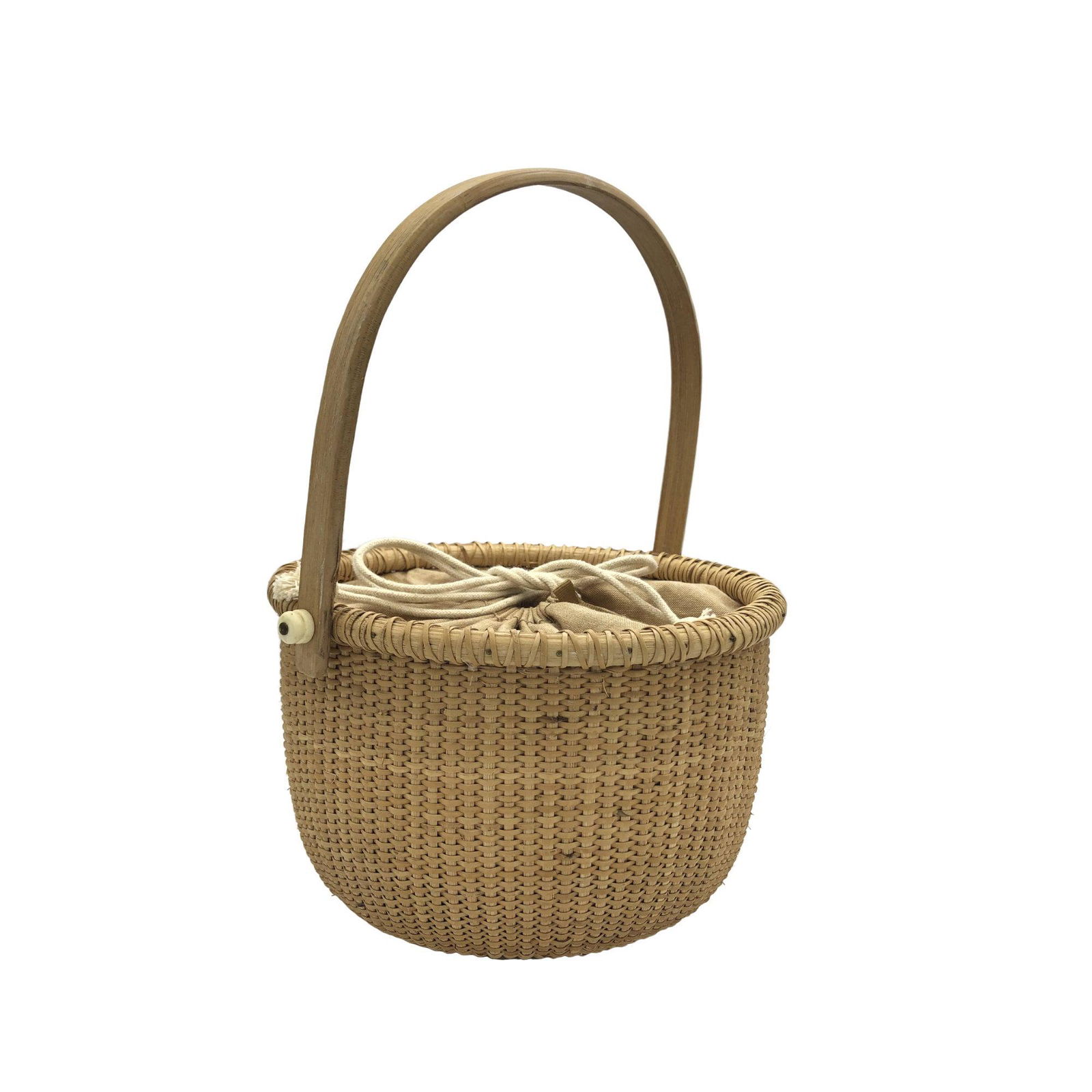 Nantucket Lightship Bucket Basket, Ivory/Bone Hinge Handle, Cloth Drawstring Liner, Cloth Pockets (1 of 3)