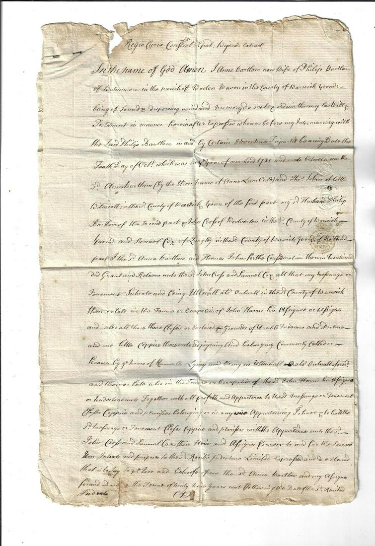 1726 English Will Anne Bartlam Warwick (1 of 2)