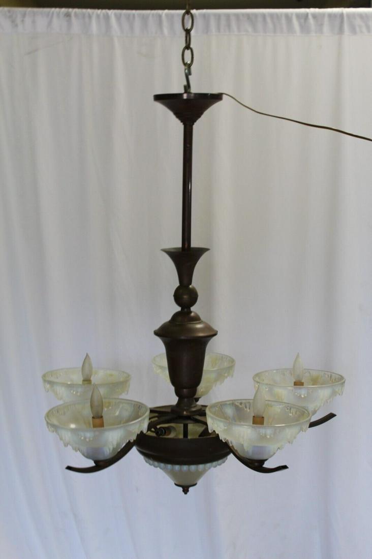 Orignal Art Deco Chandelier /5 light ,Vaseline glass: Title: Orignal Art Deco Chandelier /5 light ,Vaseline glass Description: A medium size Deco Chandelier with 5 arms and the Vaseline Ice Sickle's shades . Shades are 8" in dia .Has been re-wired at one