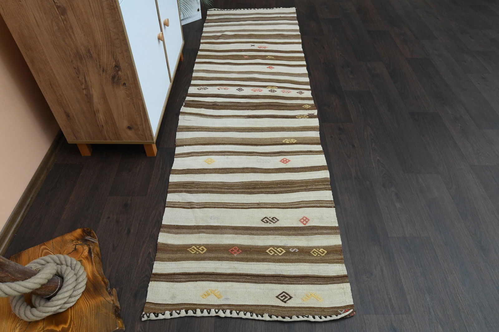 2.4x8.1 Ft Turkish Antique Oushak Rug: Title: 2.4x8.1 Ft Turkish Antique Oushak Rug Origin: Turkey Date/Period: 1960 - 1970 Dimension: Width: 2.4 feet Length: 8.1 feet Materials: Wool and Cotton Description: This Turkish one-of-a-kind Vint