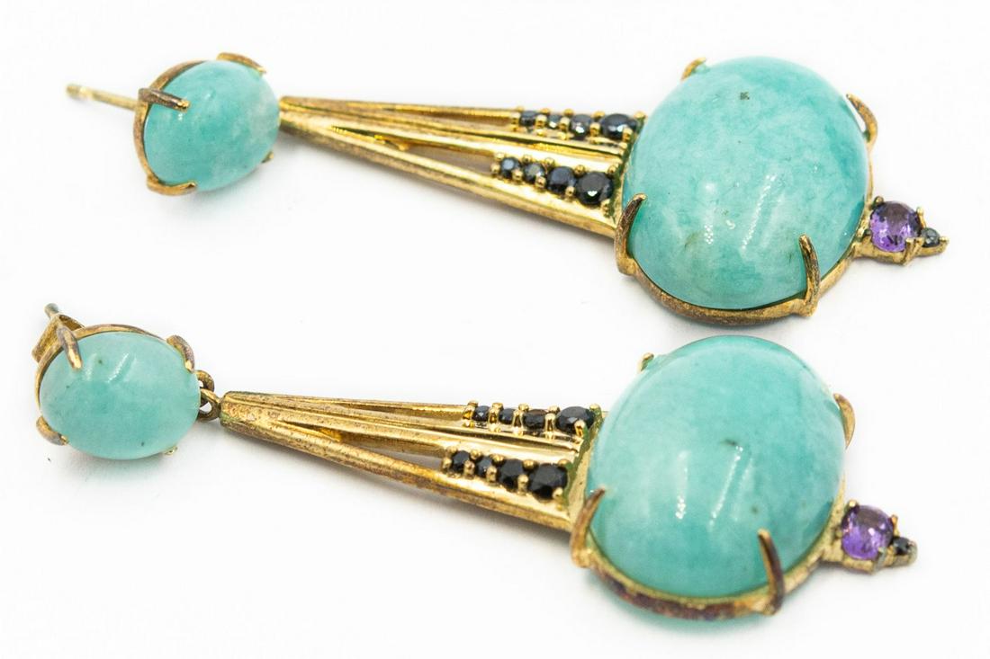 Estate Yellow Gold Chrysocolla Amethyst Ear Pendants (1 of 2)