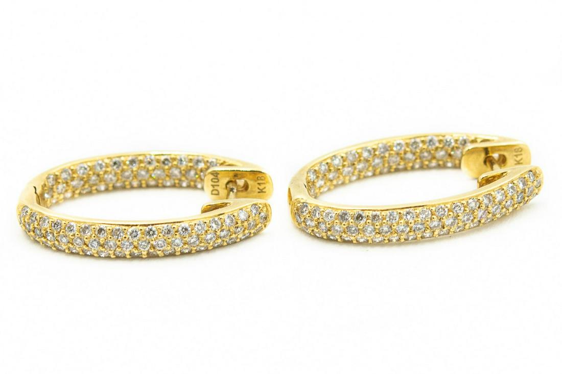 Estate Yellow Gold and Diamond Hoop Earrings: Estate Yellow Gold and Diamond Hoop Earrings; 18k yellow gold; 3.60dwt/5.60g; 180 Diamonds 1.04Cts Item Number; 123967; Weight; 1.0000; Jewelry Type; Earrings Reserve: $703.00 Shipping: Domestic: Free