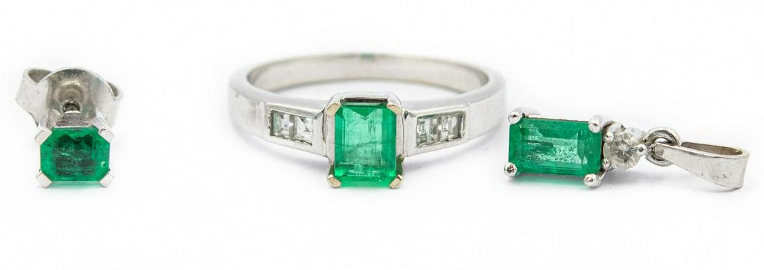 Estate White Gold Diamond and Emerald Earrings, Pendant and Ring Suite (1 of 3)
