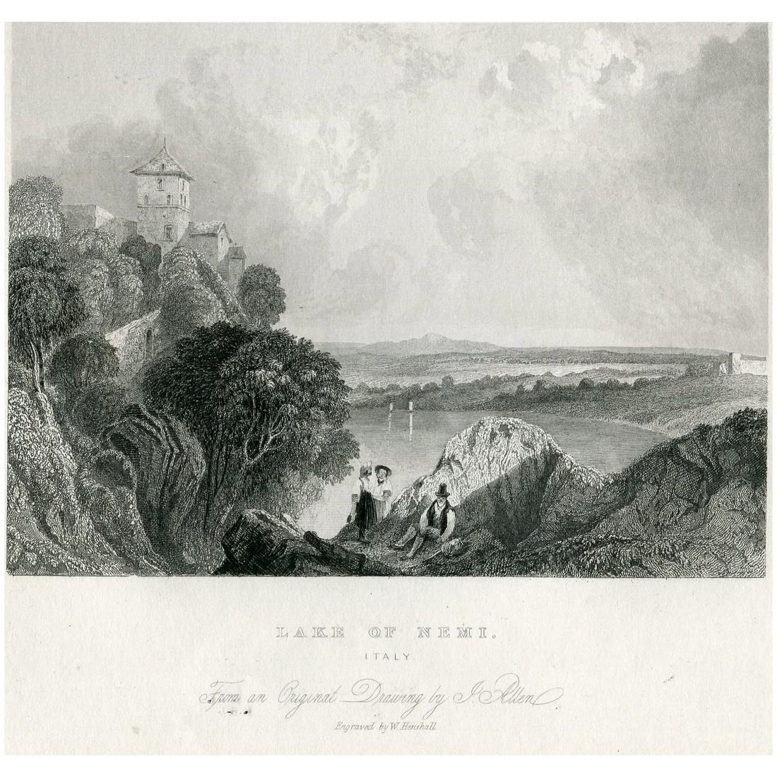 Lake of Nemi (Italy). Antique engraving after a work from J. Allen: Title: Lake of Nemi Artist: after J. Allen. Engraver: William Henshall (c.1781-1843). Image size: 10,8 x14,9 cms. Condition: good. Some foxing on white margins. Reserve: $40.00 Shipping: Domestic: Fla