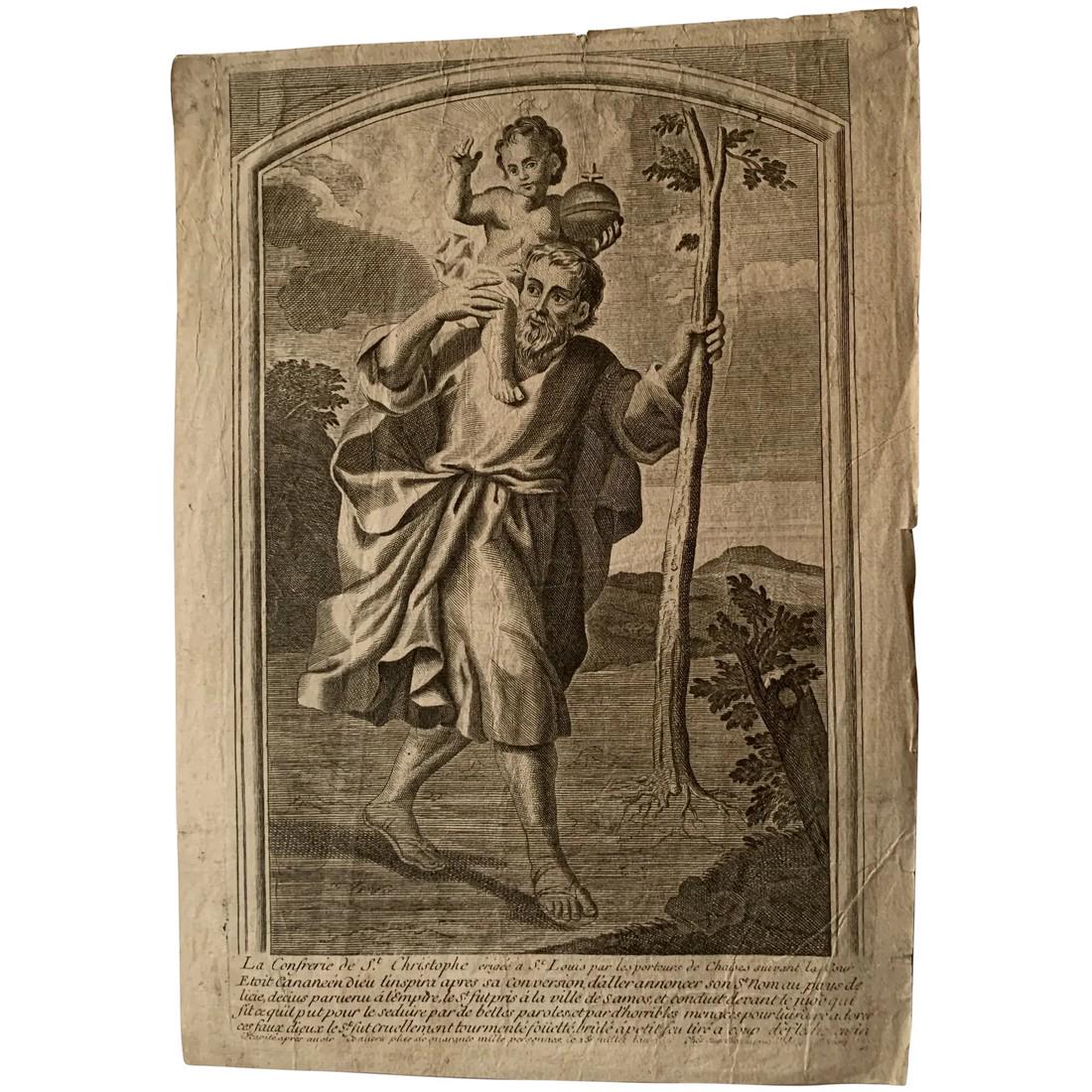 St. Christopher, Patron Saint of Travelers and Motorists - Antique engraving (1 of 3)