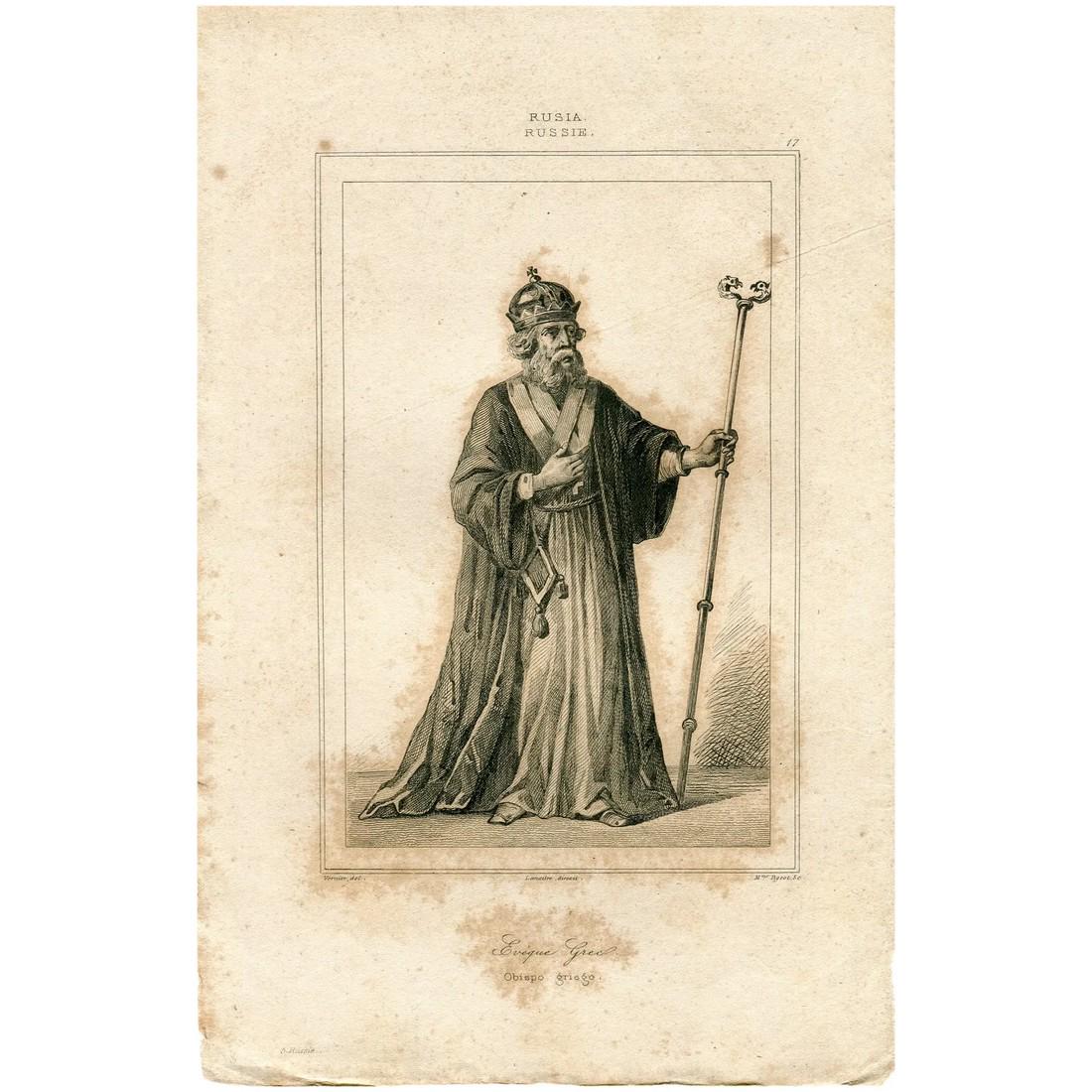 Greek Orthodox Bishop, Russia - 1839 engraving: Greek Orthodox Bishop, Russia. Title: Evêque Grec. Obispo griego. Directed by: Augustin François Lemaitre (1797-1870 Engraver: François Pigeot (1775-?). Artist: after Émile Louis V