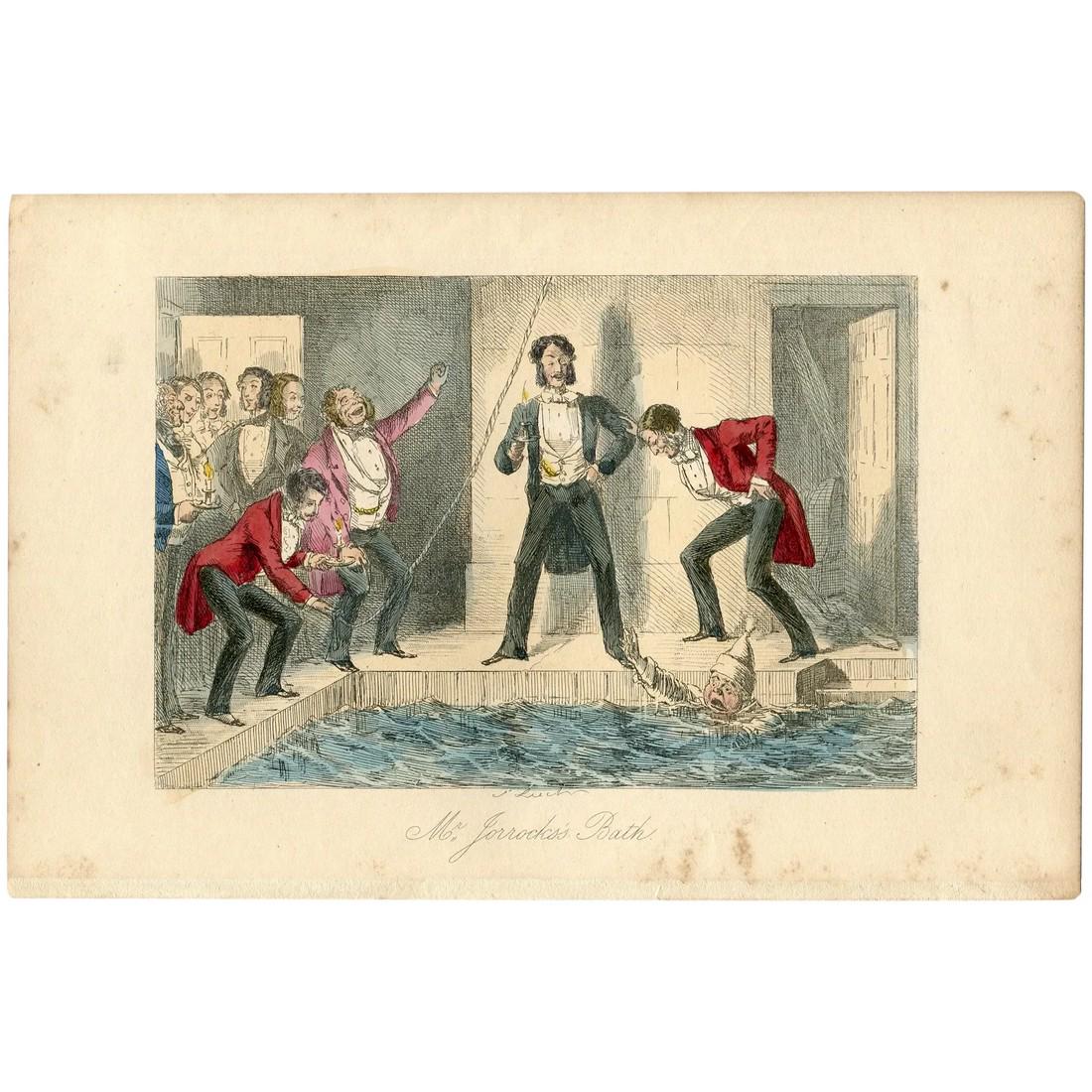 John Leech engraving - Mr. Jorrocks Bath - 1854 engraving: Mr. Jorrocks Bath John Leech (29 August 1817 – 29 October 1864). Provenance: Handley Cross; or, Mr. Jorrocks's Hunt written by Robert Smith Surtees. Illustrated by John Leech. Published in Londo
