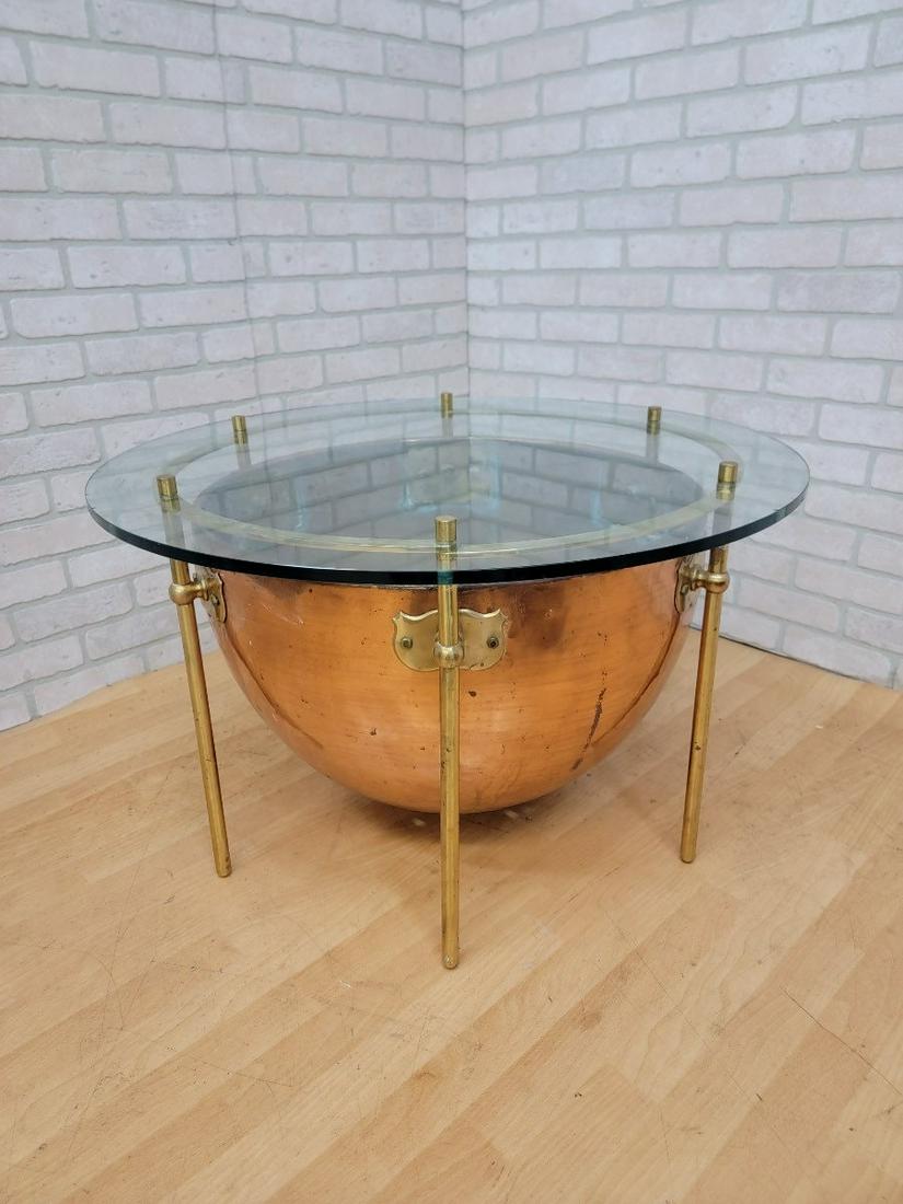 Antique English Custom Copper & Brass with Round Glass-Top Kettle Drum Table (1 of 9)
