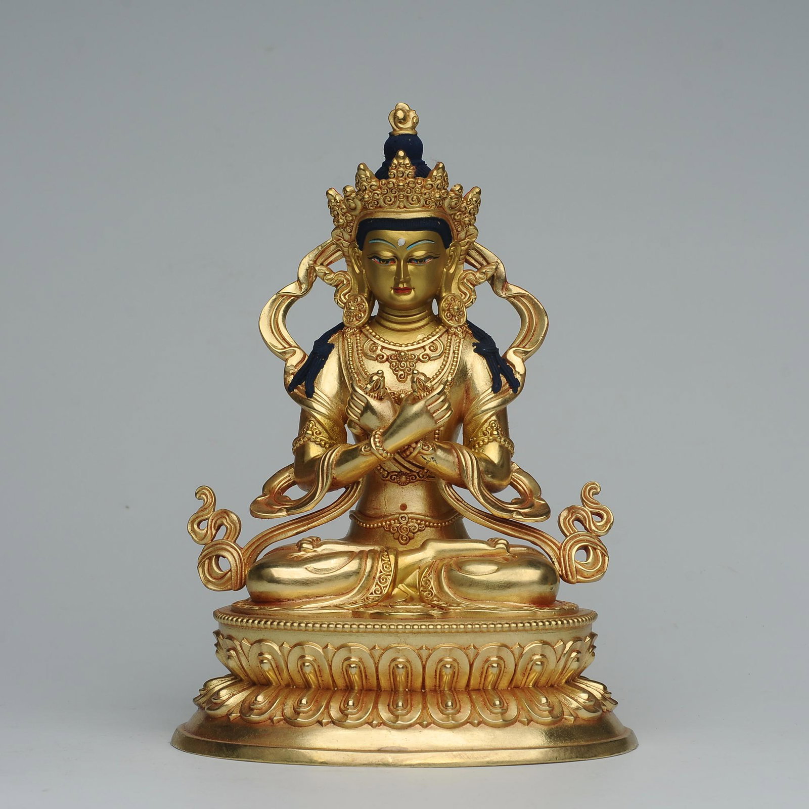 Tibetan Bronze Buddha Statue Sculpture - Vajra Master: Title: Tibetan Bronze Buddha Statue Sculpture - Vajra Master Origin: Asian private collection Date/Period: 20th C Description: Size: ahout 21x15x12cm. Exquisite Tibetan bronze Buddha sculptures, carve