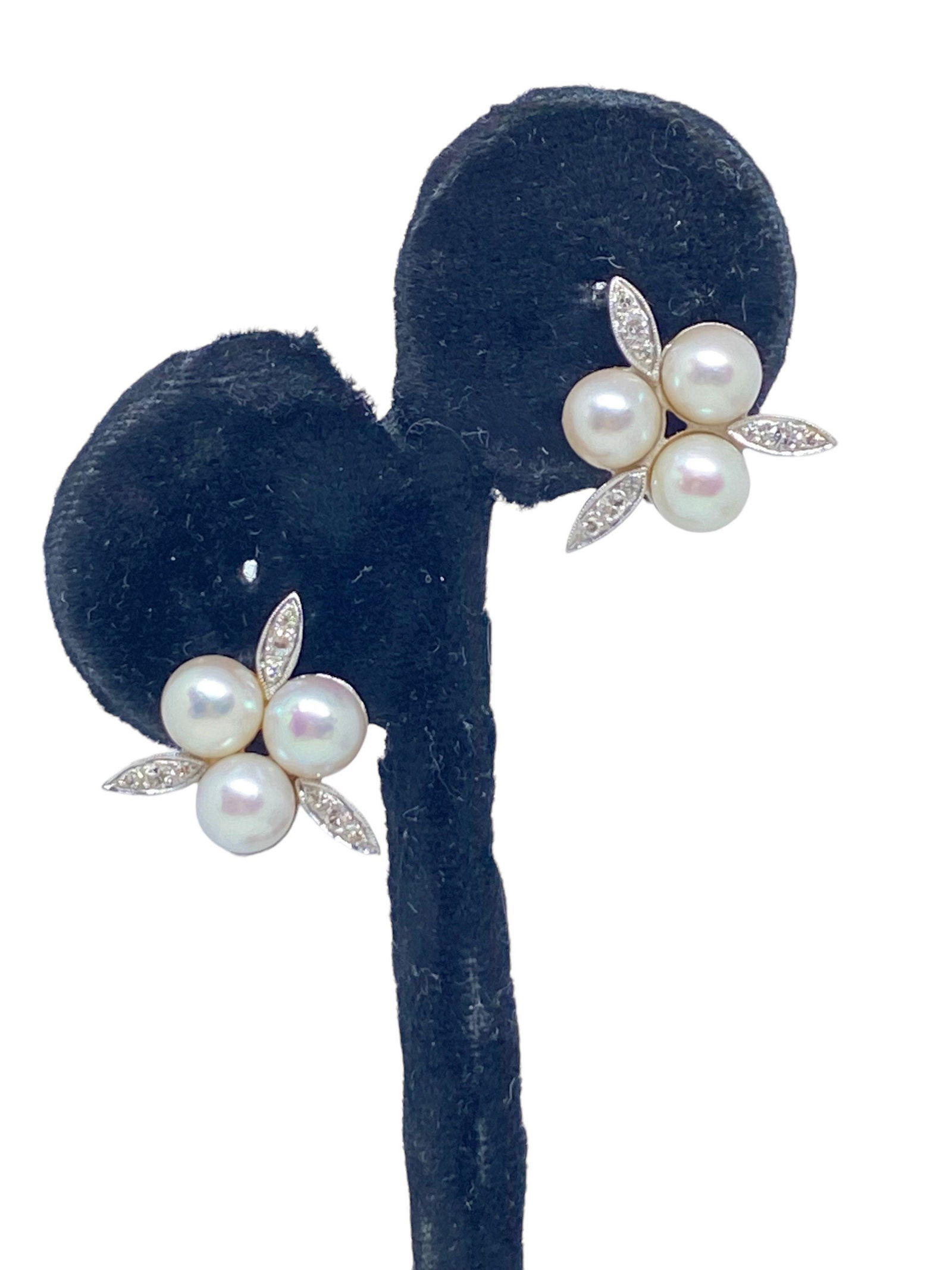 Vintage 14 K white gold pearl diamond clip on earrings (1 of 8)