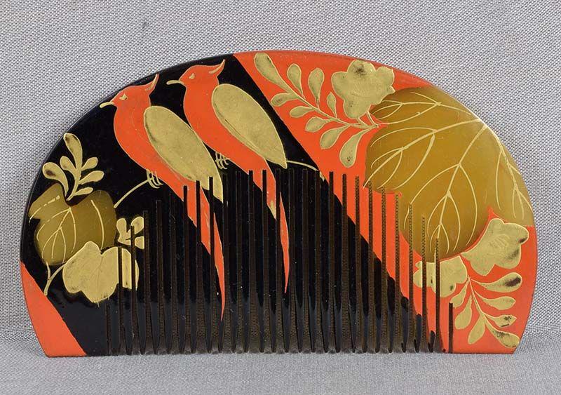19c Japanese lacquer buffalo horn KUSHI hair COMB BIRDS paulownia (1 of 6)