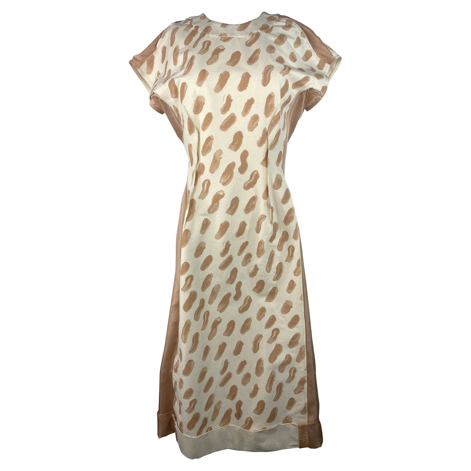 Marni White Midi Dress, Size 40: Product details: The dress features white, cream and beige colors with abstract brush stork print, crew neck line folded bottom detail and rear silver tone zip closure. Details: Designer: Marni Dimens
