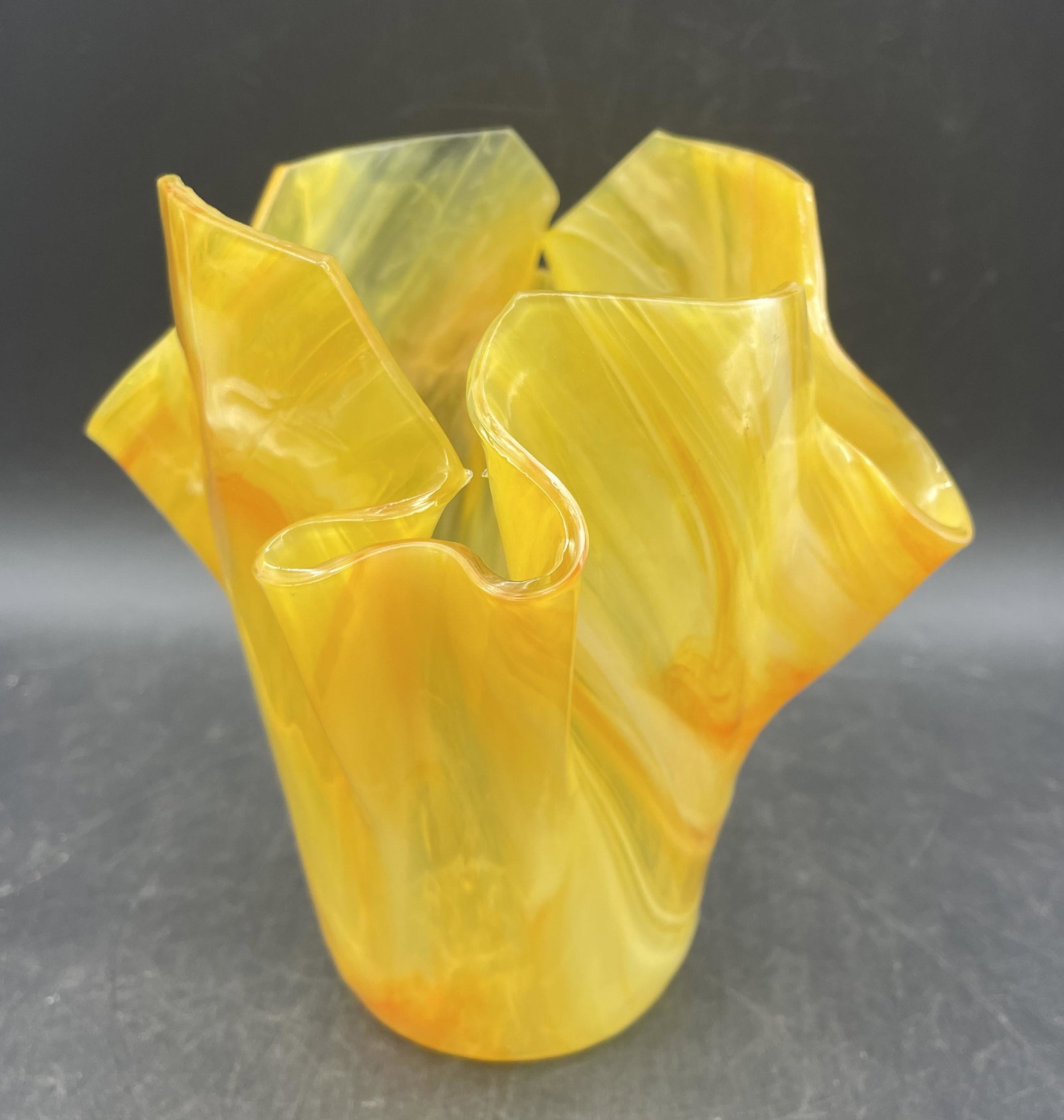 SIGNED ART GLASS FUSED HANDKERCHIEF VASE: Title: SIGNED ART GLASS FUSED HANDKERCHIEF VASE Date/Period: 2012 Dimension: APPROX: 6 X 6 X 4.5 Material: GLASS Additional Information: SIGNED ART GLASS FUSED HANDKERCHIEF VASE Shipping: Domestic: Fl
