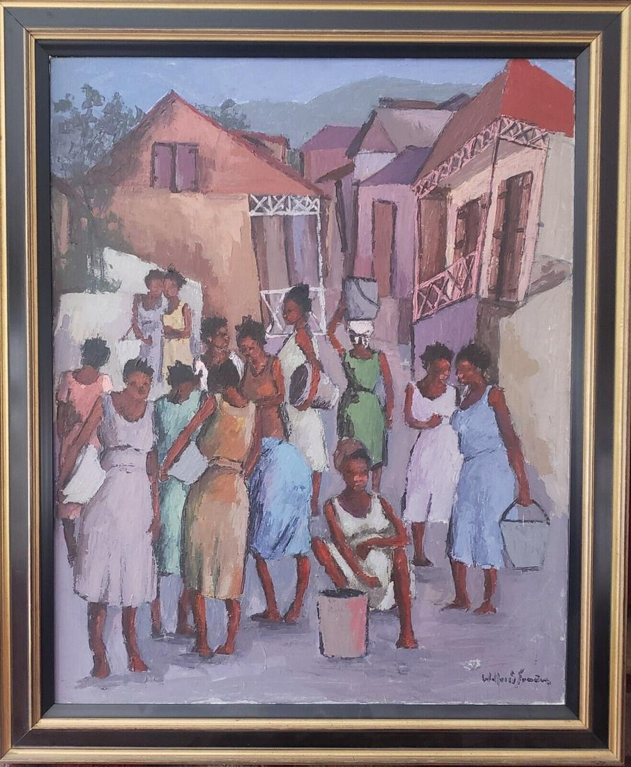 Folk art oil painting on canvas African ladies getting water 1950 colors signed (1 of 8)