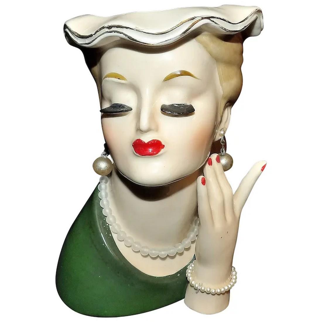 Vintage NAPCO C2636B 1956 Lady Head Vase Green Dress (1 of 7)