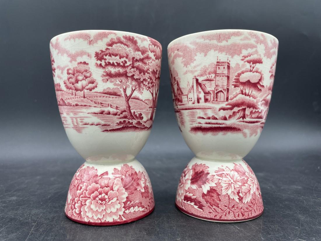 Pair of Vintage Red Transferware Double Egg Cups: Title: Pair of Vintage Red Transferware Double Egg Cups Date/Period: unknown Dimension: 4" tall Material: ceramic Additional Information: Pair of Vintage Red Transferware Double Egg Cups Shipping: Dom