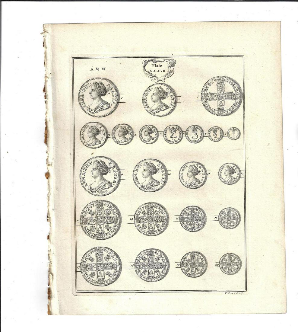 1753 Engraving English Coins Reign of Queen Anne (1 of 1)