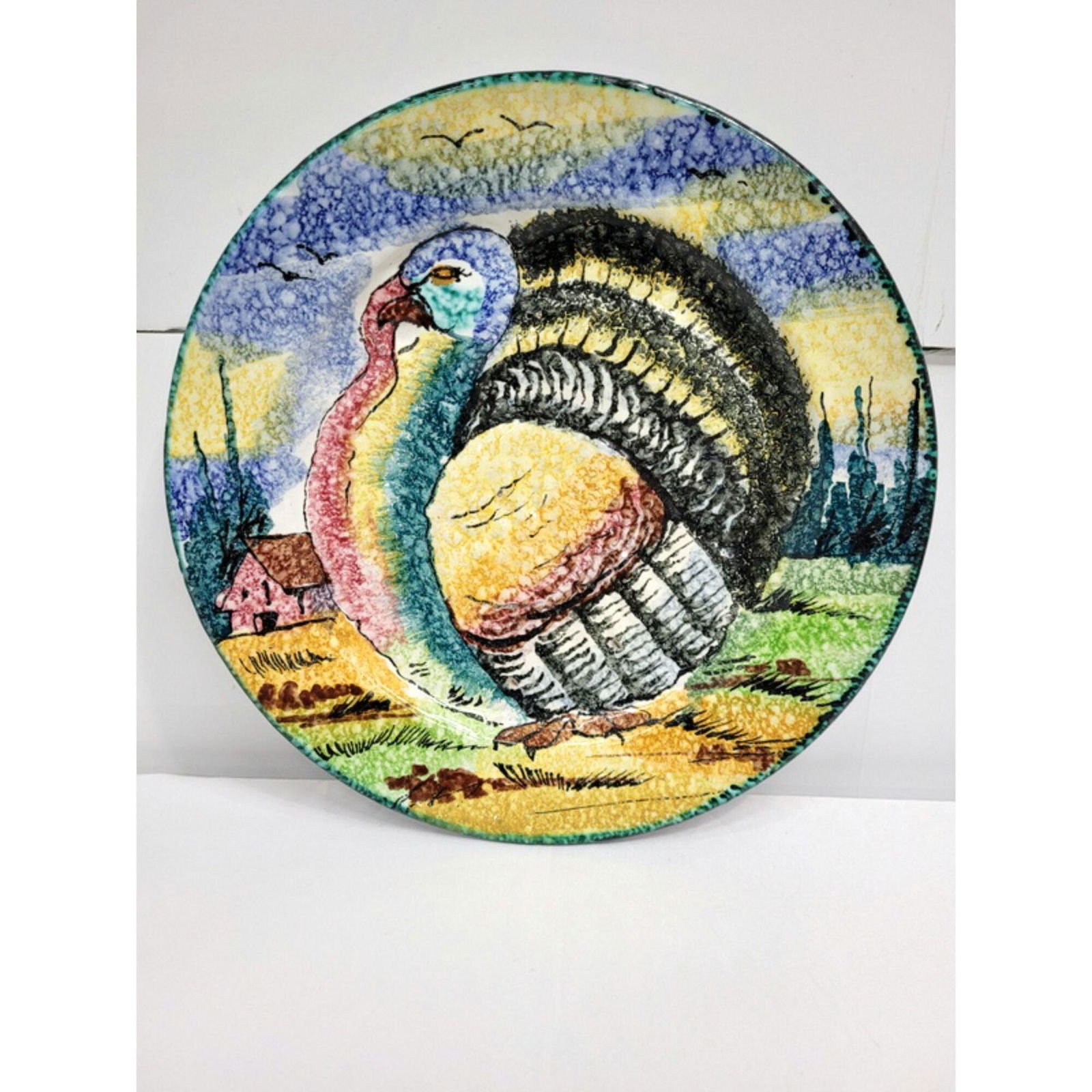 Vintage Thanksgiving Platter Serving Plate Charger Italian Signed Turkey Hand Painted Art Pottery (1 of 5)