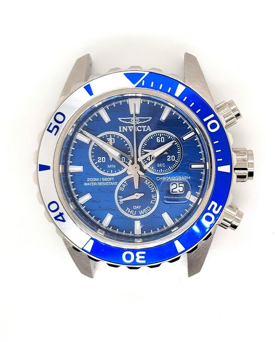 Designer $350 Invicta 12445 Blue Pro Diver Chronograph Quartz Watch: Invicta 12445 Blue Pro Diver Chronograph Quartz Watch Stainless steel case We do not have a strap for this watch Case measures 44mm x 52.8mm including lugs Crown measures 7.5mm Blue chronograph dial D
